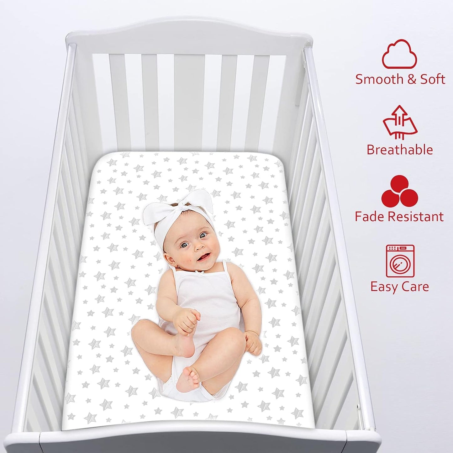 Pack n Play Sheet | Mini Crib Sheet - Ultra-Soft Microfiber, Fits Graco Pack and Play, White Star