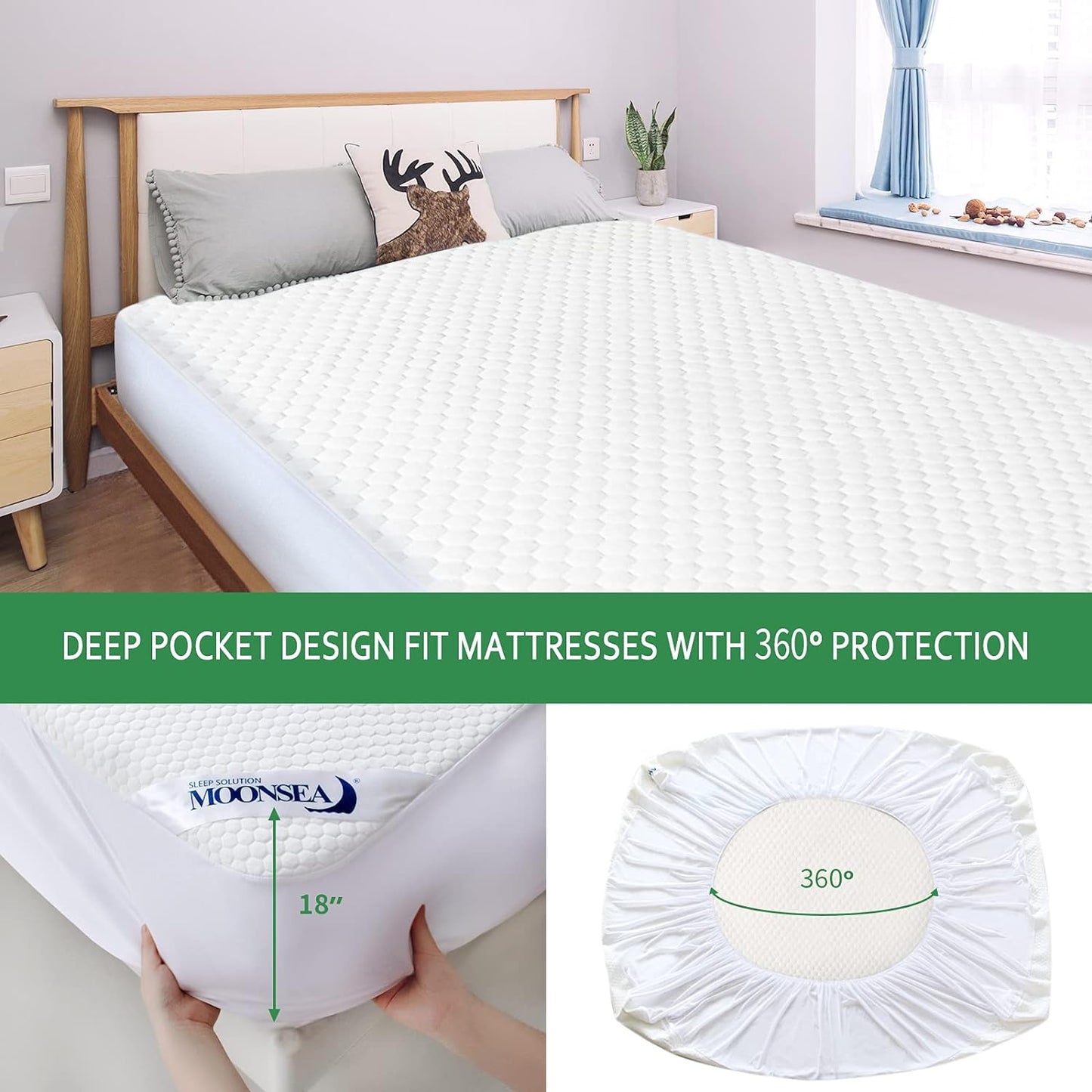 Mattress Cover/Protector- Bamboo Jacquard Air Fabric, Waterproof, Fitted Up to 14" Deep, White