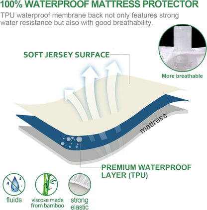 Mattress Cover/Protector- Bamboo Jacquard Air Fabric, Waterproof, Fitted Up to 14" Deep