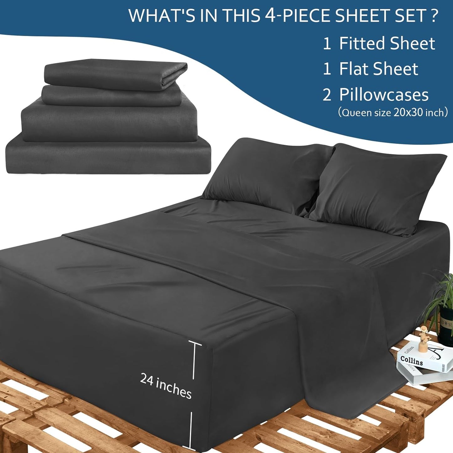 Sheet Set Deep Pocket - 4 Piece Extra Soft Bed Sheets - Side Storage Pocket Fitted Sheet & Pillowcase & Flat Sheet, Black