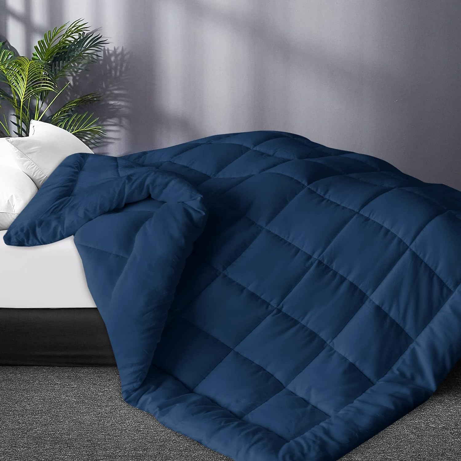 Alternative Comforter, Quilted Comforter with Corner Tab, All Season, Lightweight Medium Warmth, Plush Siliconized Fiber Filling, Navy-Moonsea Bedding 
