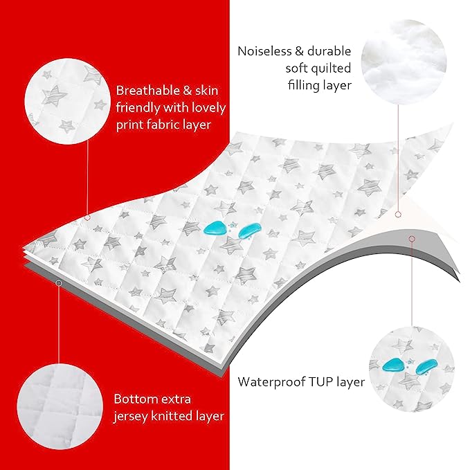 Crib Mattress Pad Protector, Waterproof, 52'' x 28'', Microfiber, White Star