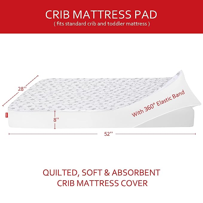 Crib Mattress Pad Protector, Waterproof, 52'' x 28'', Microfiber, White Star