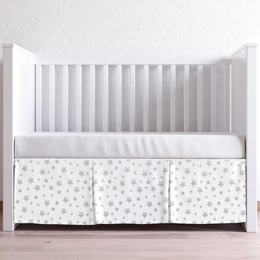 Crib Skirt , 14" Drop, Toddler Crib Bed Skirt White with Grey Star, Microfiber-Moonsea Bedding