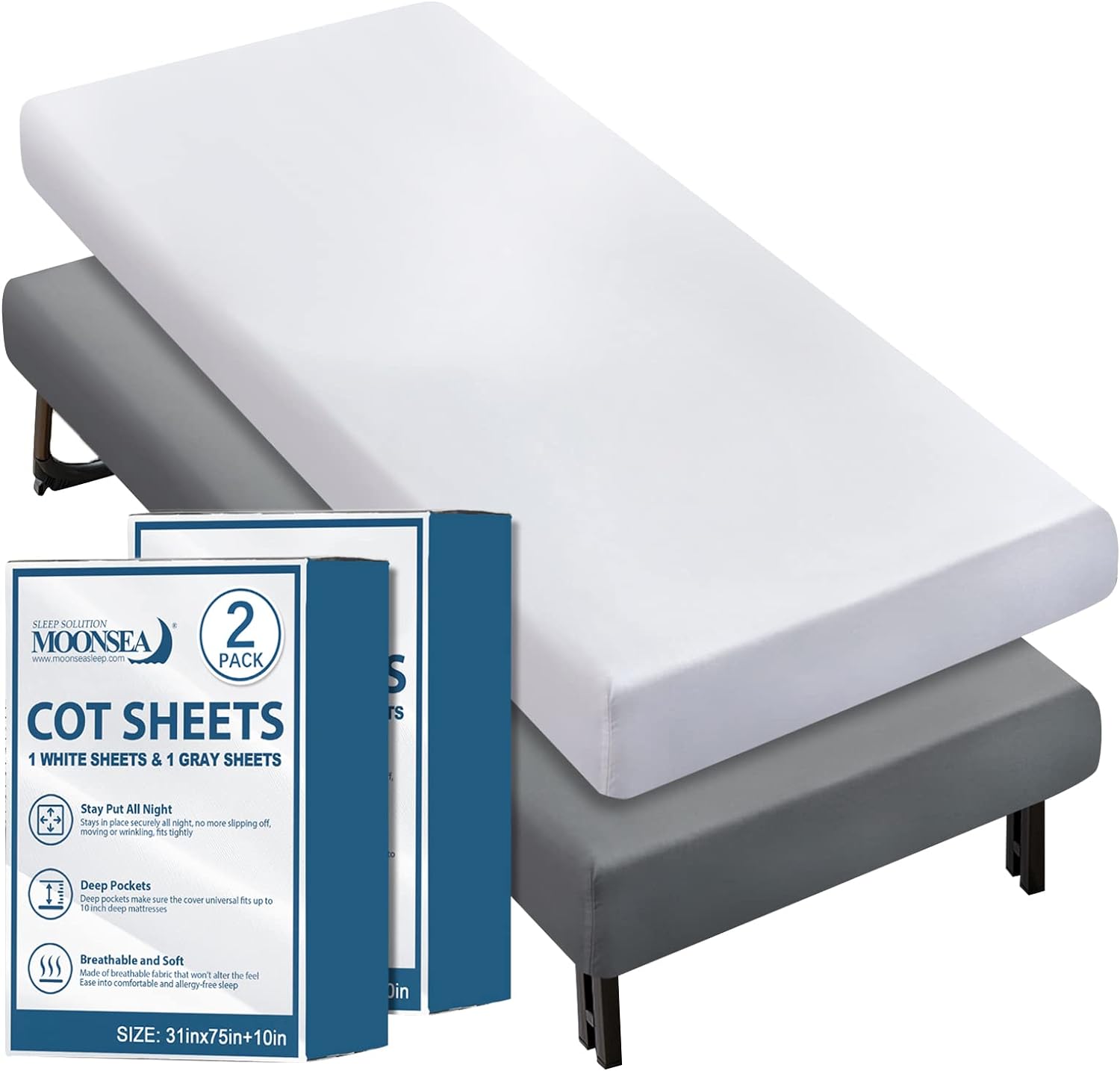 Cot Sheets, Ultra Soft and Breathable, Snug Fit for Narrow Twin Mattress/Camp Bunk Beds/RVs Bunk/Guest Beds/Army Cots/Trifold Mattress ,Grey and White, 31" x 75"(2 Pack)-Moonsea Bedding