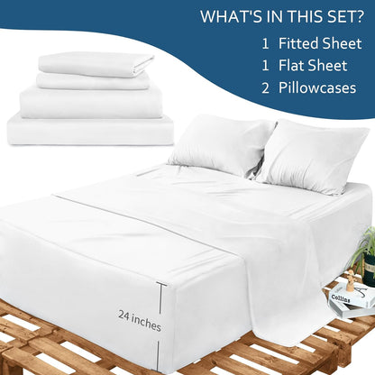 Sheet Set Deep Pocket - 4 Piece Extra Soft Bed Sheets - Side Storage Pocket Fitted Sheet & Pillowcase & Flat Sheet, White