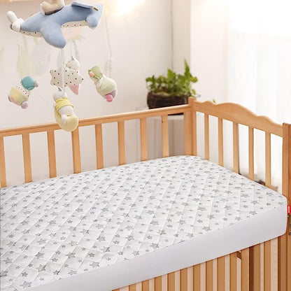 Crib Mattress Pad Protector, Waterproof, 52'' x 28'', Microfiber, White Star